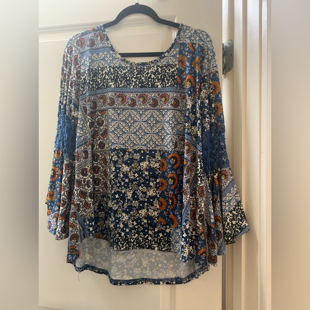 Bohemian Floral Patchwork Blouse with Bell Sleeves